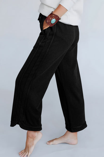 Black Wide Leg Mineral Wash Drawstring Waist Pants