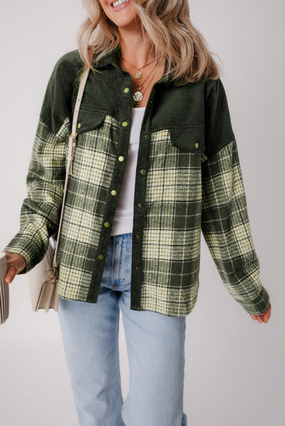 Green Plaid and Corduroy Snap Up Shacket