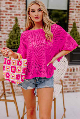 Rose Pink Lightweight Pointelle Spring Sweater with Scalloped Edges