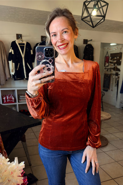 Ginger Ribbed Velvet Long Sleeve Square Neckline Top