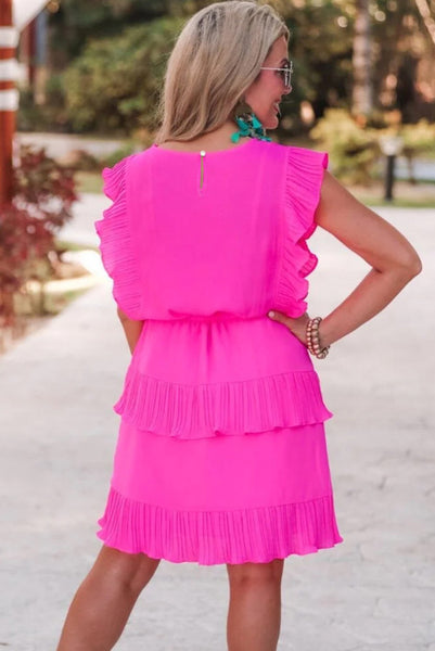 Bright Rose Pink Dress with Pleated Layers