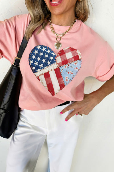Pink Tee with Americana Patchwork Heart Graphic - Patriotic - 4th of July - Memorial Day - Veteran's Day - USA