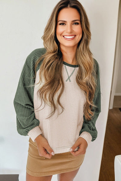 Beige and Green Colorblock Long Sleeve Top