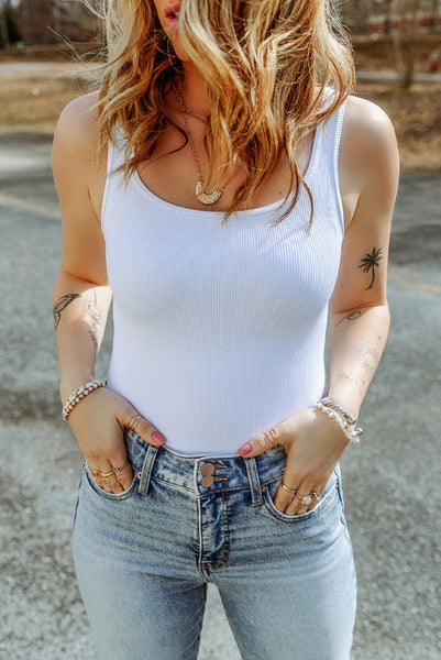 White Stretchy Ribbed Tank Top Bodysuit