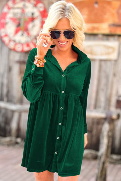 Green Long Sleeve Button Up Velvet Babydoll Dress