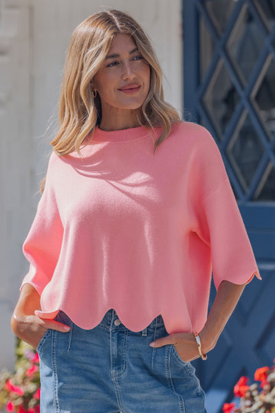 Pink Scalloped Edge Half Sleeve Spring Sweater