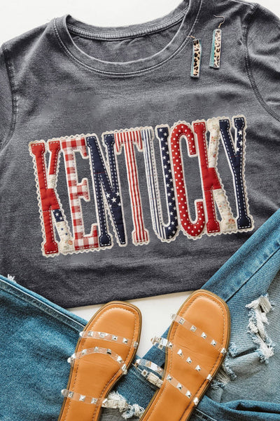 Heathered Gray Patchwork KENTUCKY Printed Tee - Patriotic - 4th of July - Memorial Day - Veteran's Day - USA
