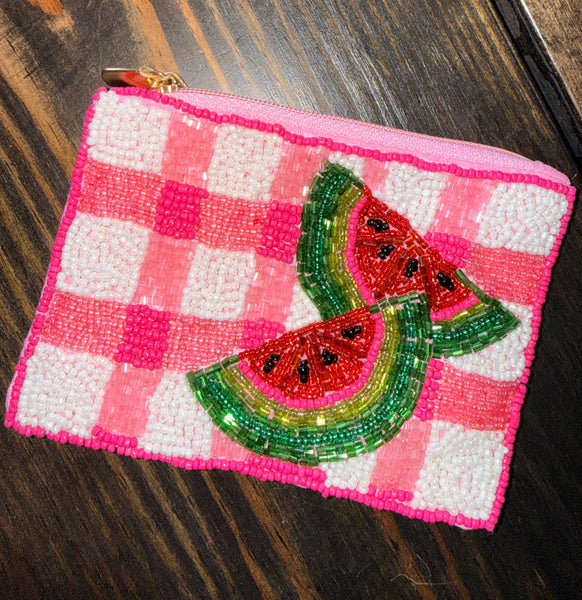Watermelon Seed Bead Coin Purse with Zip Closure