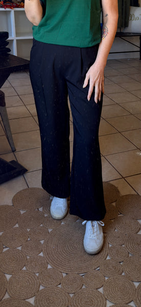 Black Pleated Detail Pull-On High Rise Pants with Elastic Waist