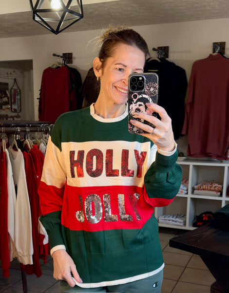 Red and Green Sequined HOLLY JOLLY Colorblocked Sweater