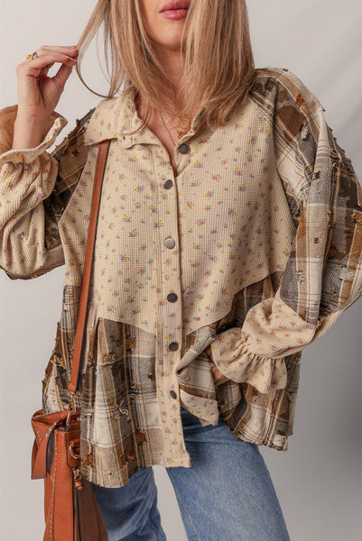 Oatmeal Boho Floral and Plaid Patchwork Distressed Detail Ruffled Sleeve Waffle Knit Shacket
