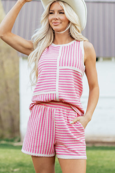 Pink and Cream Striped Patchwork Sleeveless Top and Shorts Set