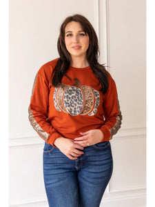 Sequin and Leopard Pumpkin Embellished Long Sleeve Top