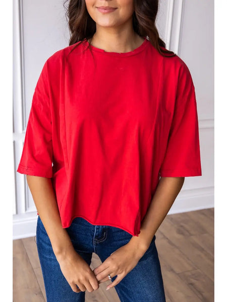 Red Short Sleeve Shorter Length Top with Raw Hemline and Distressed Edging - Cropped