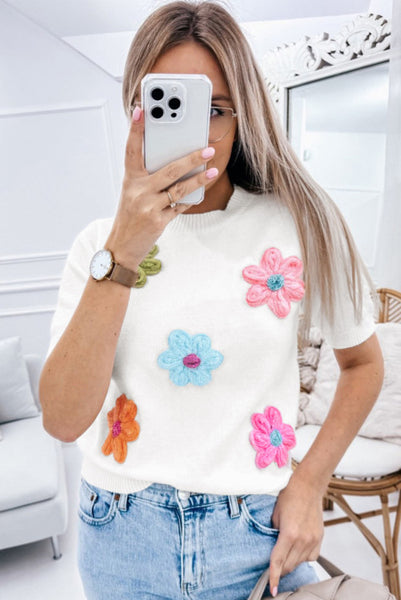 White Sweater Knit Top with Colorful Crochet Flowers
