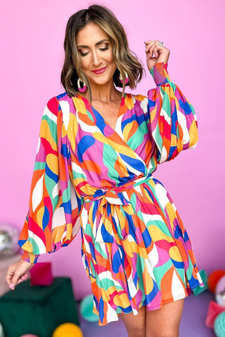 Colorful Abstract V Neck Blousy Dress