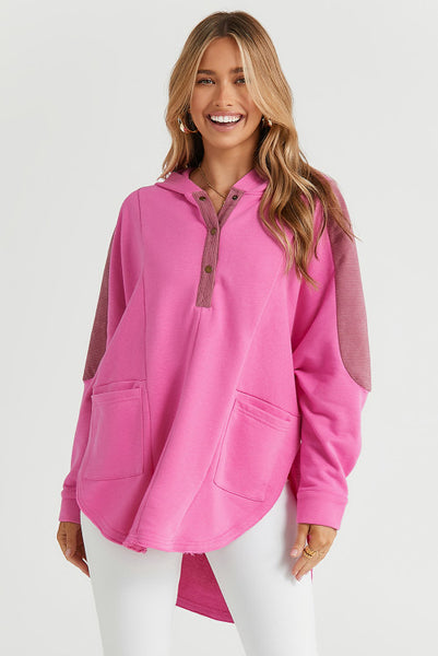 Oversized Mixed Material Henley Style Hooded Pullover with Scoop Hemline - Multiple Color Options