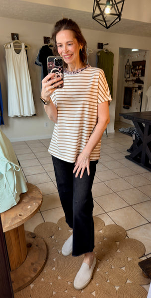 Khaki Striped Top with Leopard Contrast Trim and Side Slits