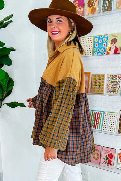 Mustard and Plaid Colorblock Babydoll Button Up Top