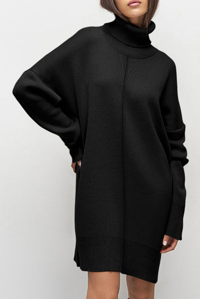 Black Turtleneck Sweater Dress with Seam Details