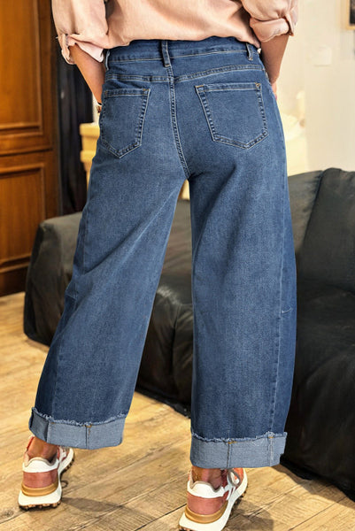 Medium Wash Contrast Stitched Raw Hem Wide Leg Loose Jeans
