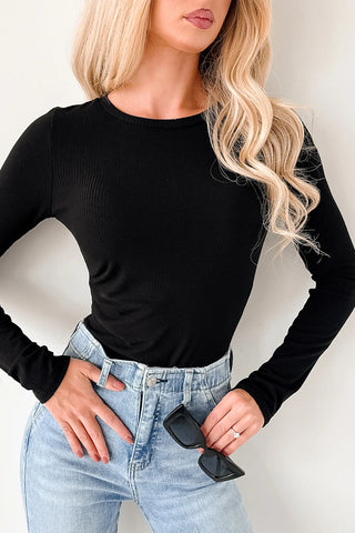 Black Ribbed Fitted Long Sleeve Bodysuit