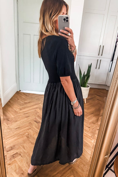 Black Short Sleeve Knit Top Patchwork Maxi Dress