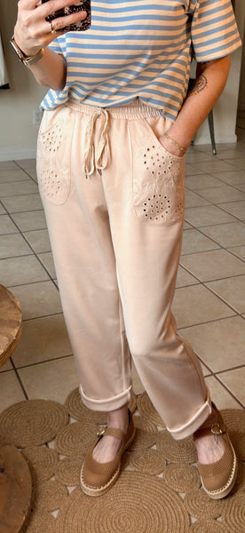 Beige Lounge Pants with Embroidered Pockets