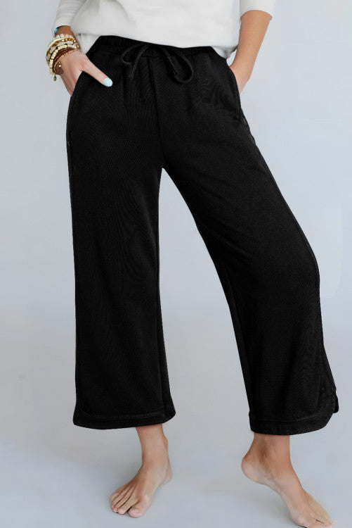 Black Wide Leg Mineral Wash Drawstring Waist Pants