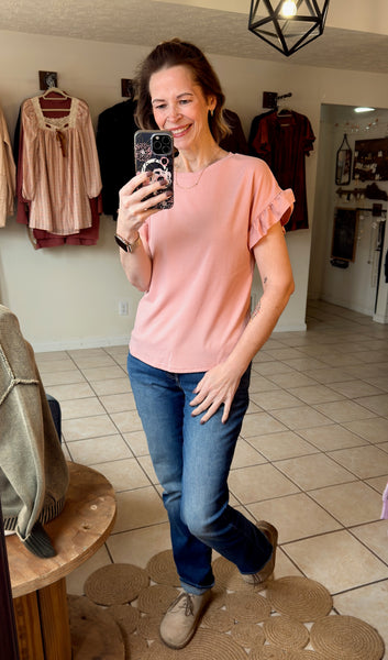 Dusty Pink Ribbed Ruffle Trim Short Sleeve Top