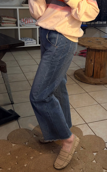 Medium Wash Contrast Stitched Raw Hem Wide Leg Loose Jeans