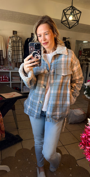Light Blue Plaid Sherpa Lined Button Up Shacket