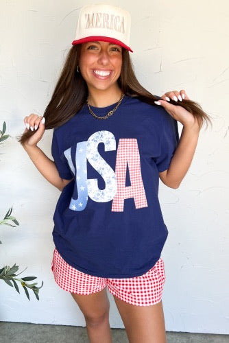 Navy Blue Tee with Mixed Pattern USA Graphic - Patriotic - 4th of July - Memorial Day - Veteran's Day - USA