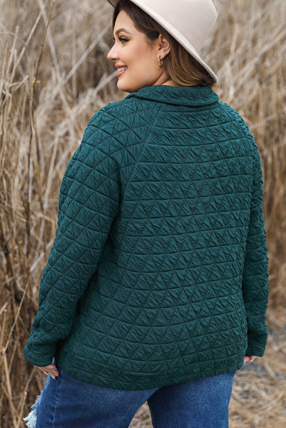 Curvy Dark Green Quilted Pullover with Pockets and Button Up Neckline