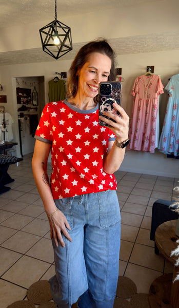 Red Short Sleeve Top with White Stars and Blue Contrast Trim