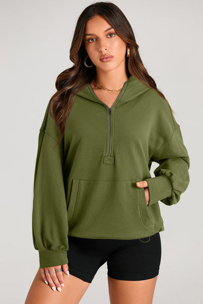 Olive Green Half Zip Hooded Pullover with Toggle Elastic Waist