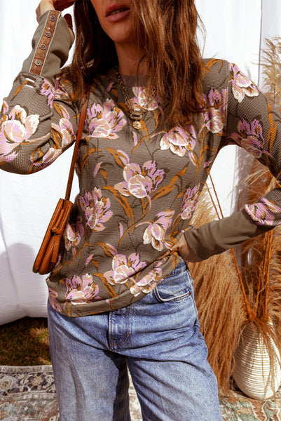 Brown Floral Waffle Texture Long Sleeve Top
