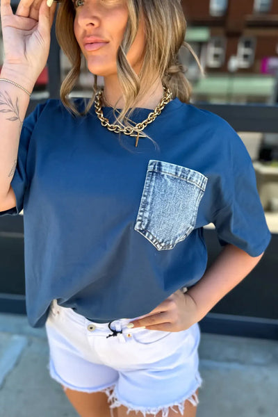Navy Blue Tee with Functional Faux Denim Patch Pocket