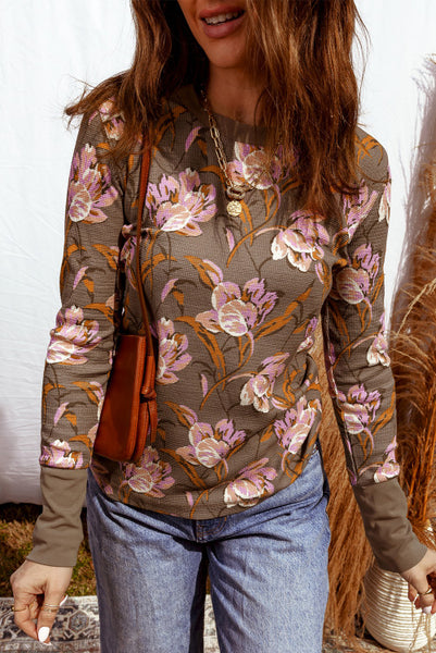 Brown Floral Waffle Texture Long Sleeve Top