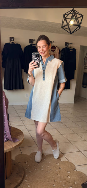 Light Gray and Denim Colorblock Patchwork Shirt Dress