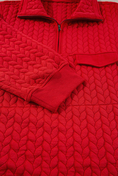 Tomato Quilted Quater Zip Pullover with Kangaroo Pocket