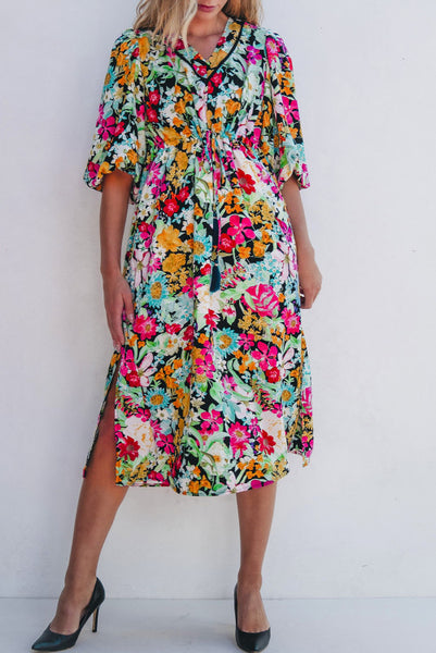 Colorful Floral Cinch Waist Midi Dress