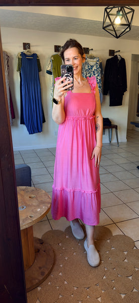 Strawberry Pink Ruffle Trim Midi Dress