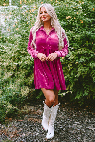 Rose Pink Long Sleeve Button Up Velvet Babydoll Dress