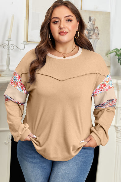 Curvy Khaki Long Sleeve Top with Patchwork Sleeves