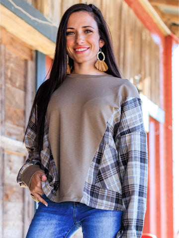 Brown Plaid Colorblock Pullover Top with Pockets