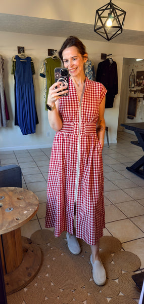Red Gingham Shirred Waist Zip Up Maxi Dress