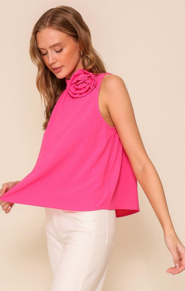 Pink Sleeveless Swing High Neck Top with Detachable Flower