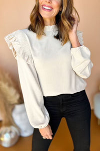 White Crinkle Textured Blouse with Ruffle Detailed Shoulders
