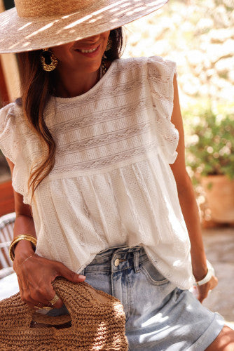 White Lace Ruffle Sleeve Flowy Top